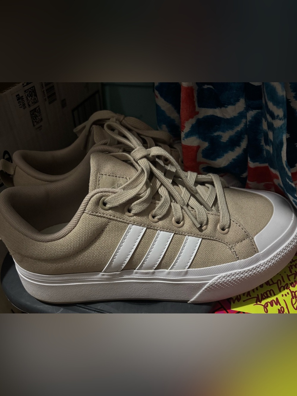 adidas Beige Canvas Athletic Sneakers with White Stripes
